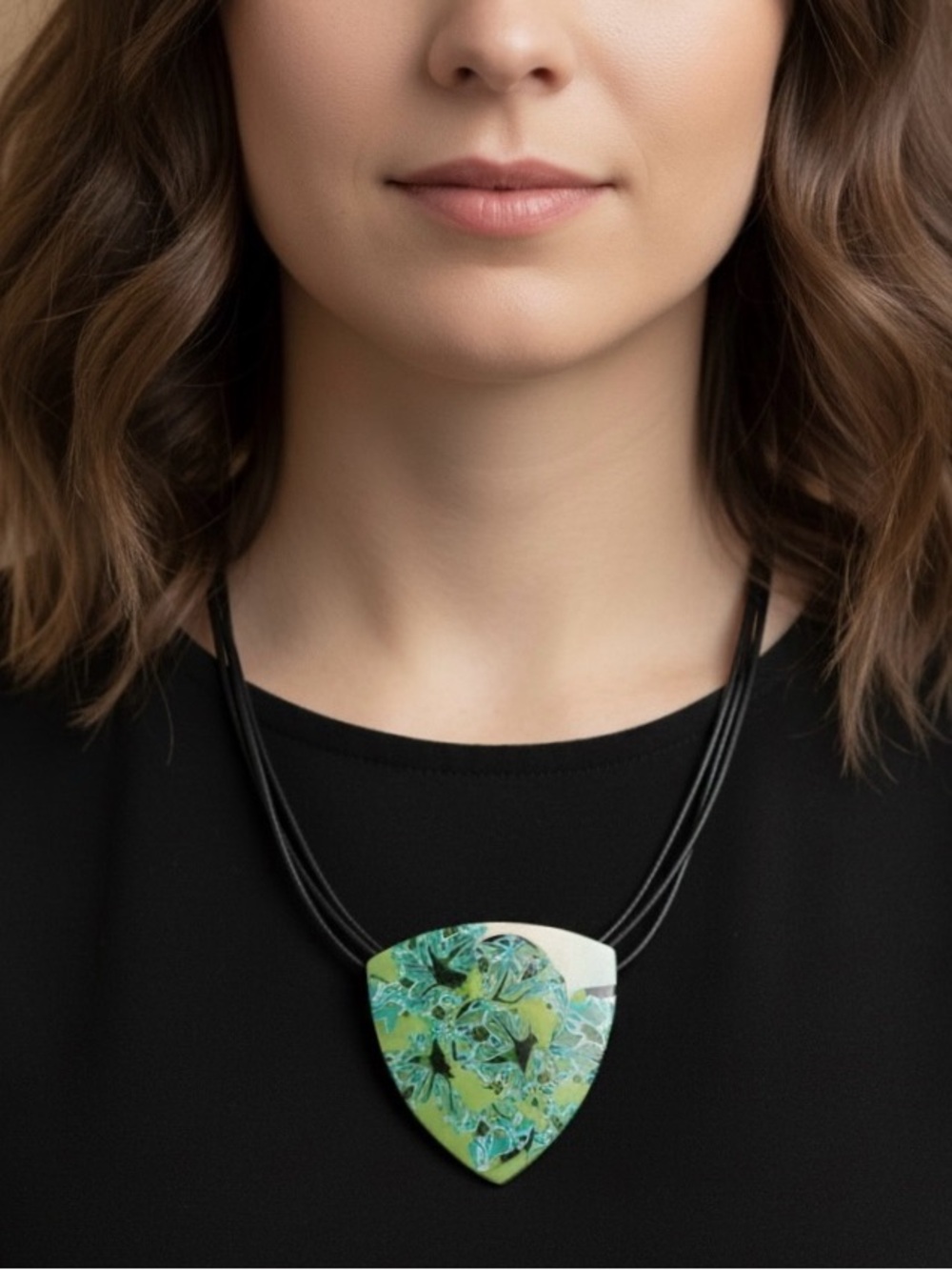 Handmade Blue & Green Abstract Floral Polymer Clay Large Pendant Necklace Cord